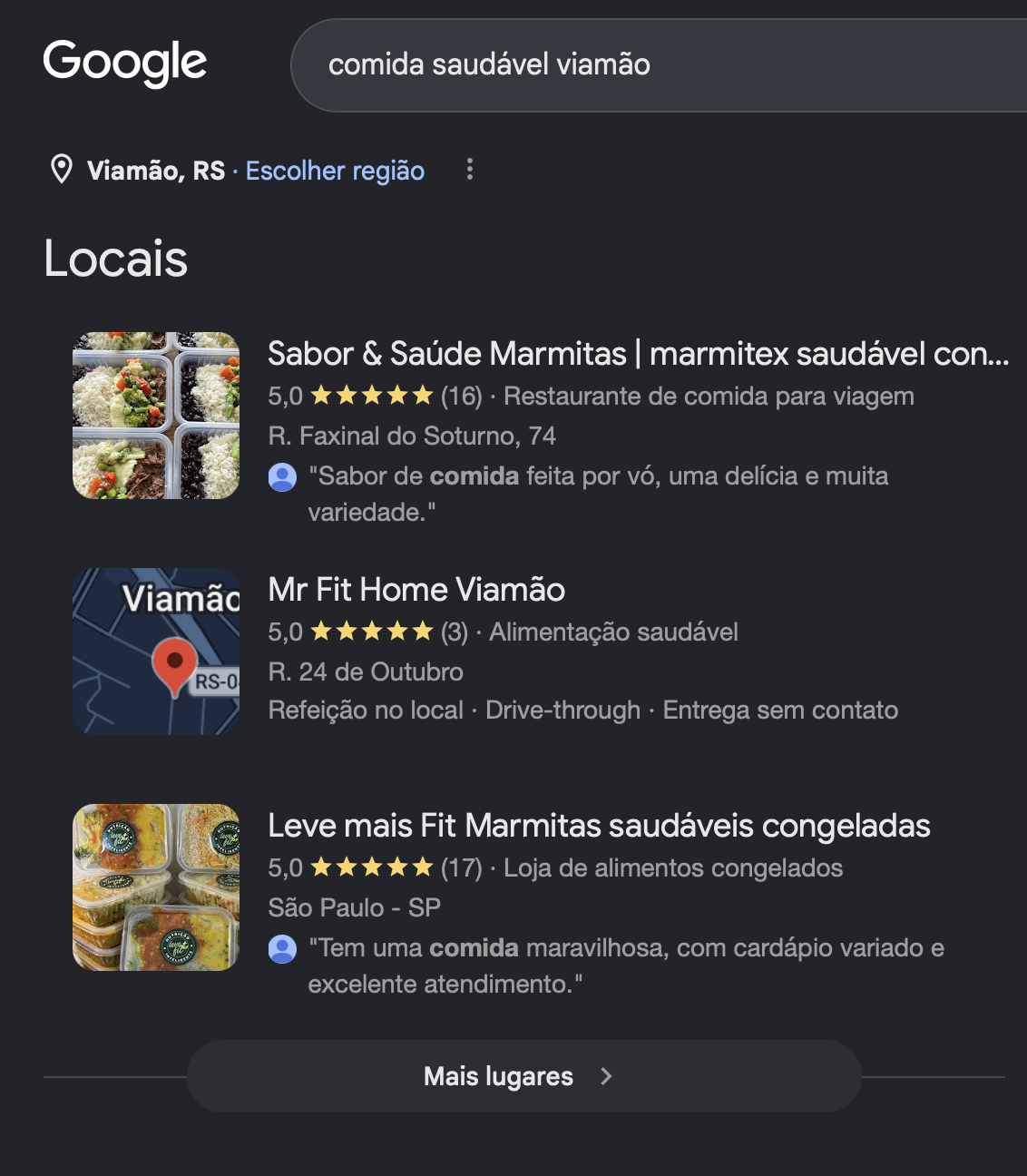Resultado da busca por comida saudável em Viamão, com Sabor & Saúde Marmitas em primeiro lugar