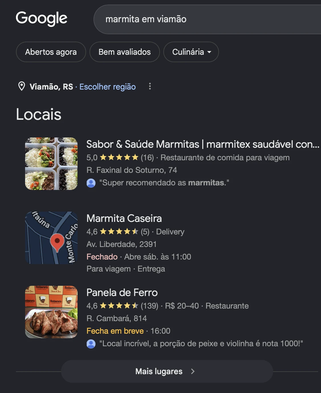Resultado da busca por marmita em Viamão, com Sabor & Saúde Marmitas em primeiro lugar