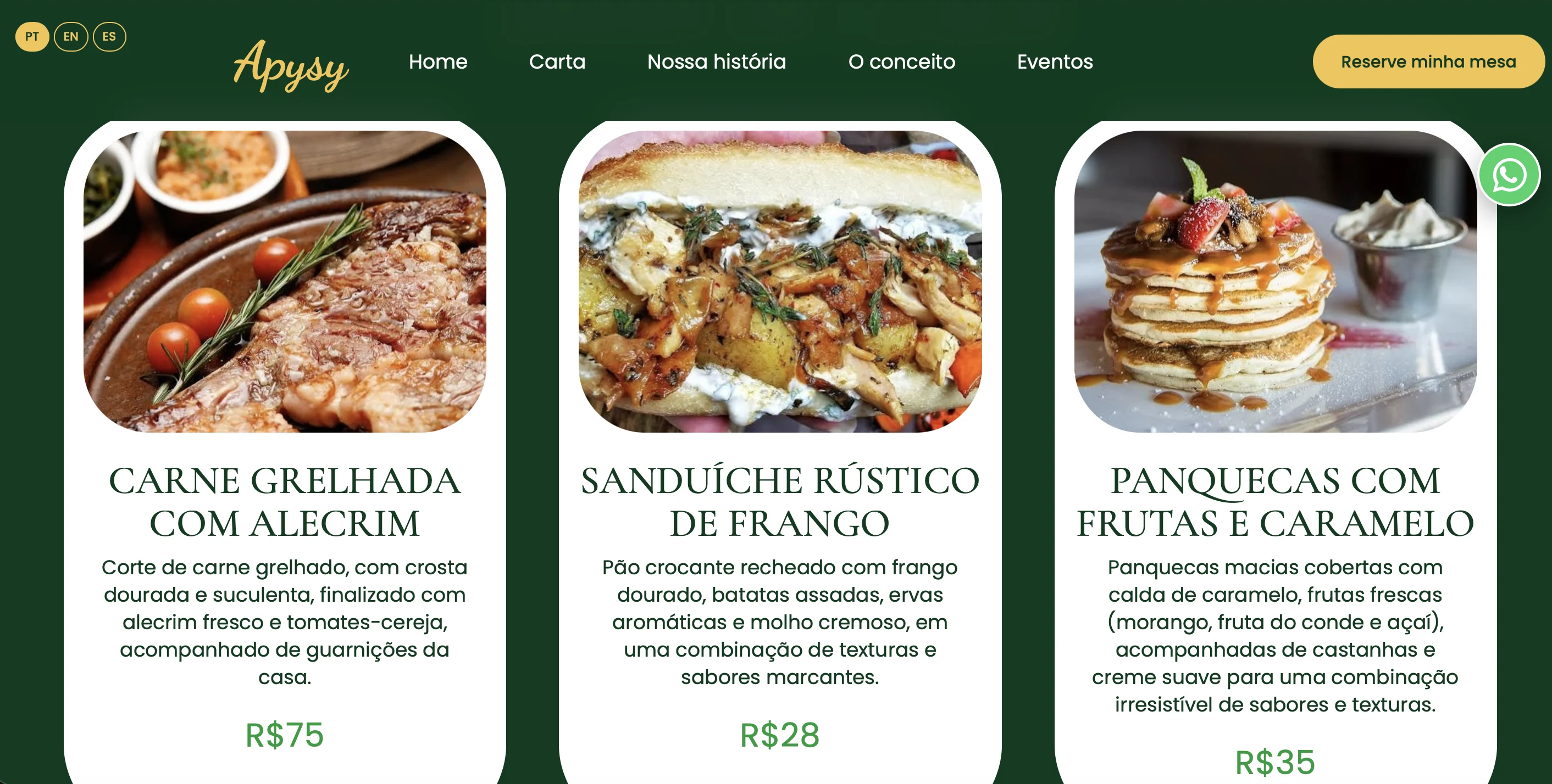 Exemplo de site de restaurante com cardápio online, fotos de pratos e preços visíveis