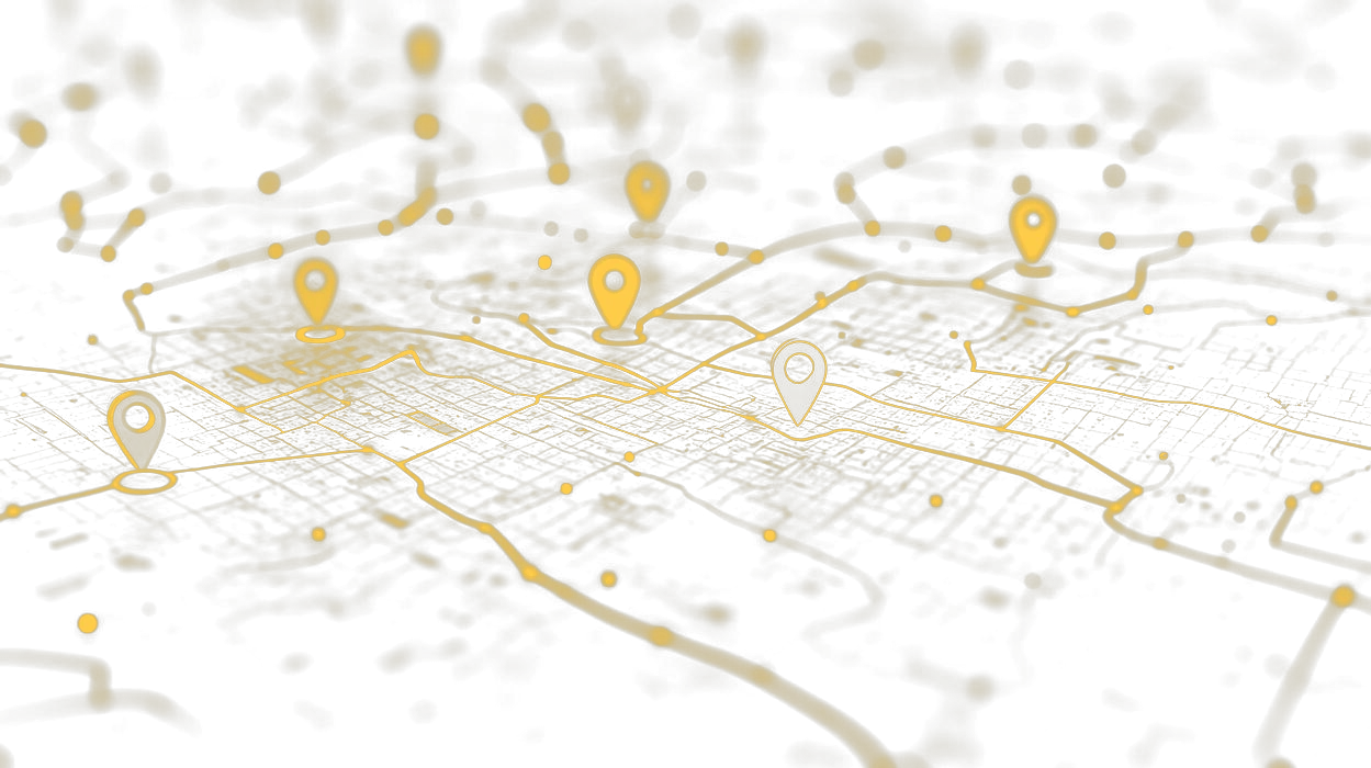 Mapa digital iluminado com marcadores de localização em tons dourados