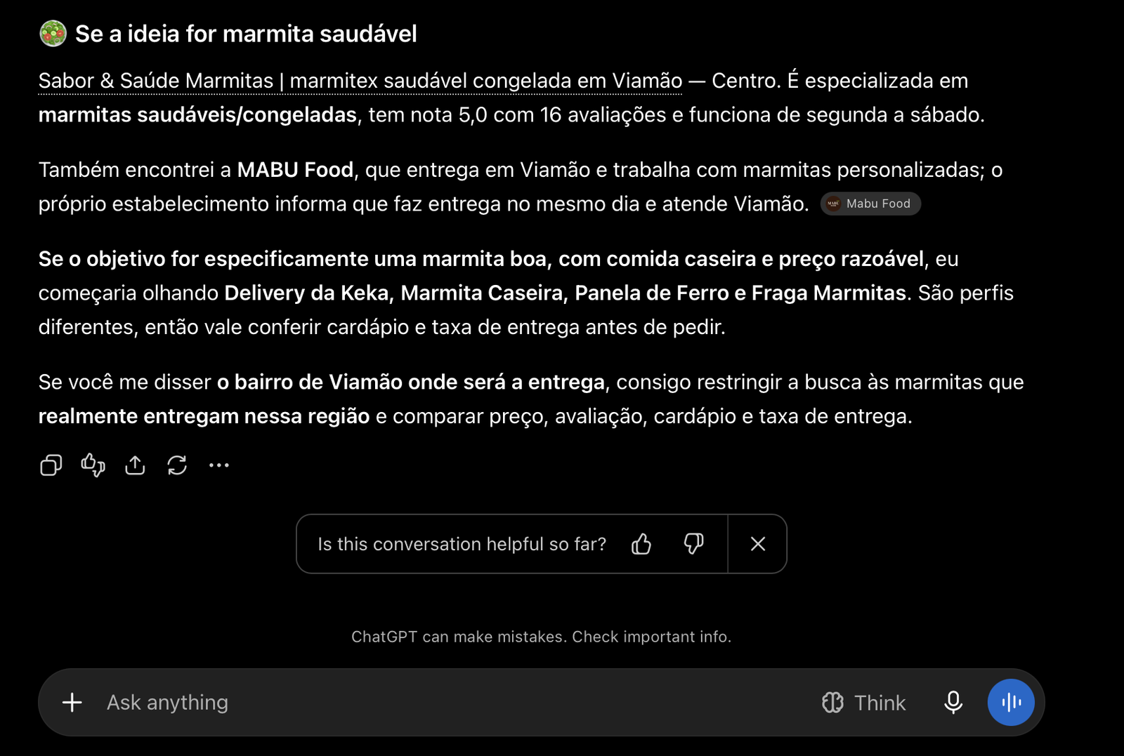 Detalhe do cliente Sabor e Saúde Marmitas recomendado na resposta da IA