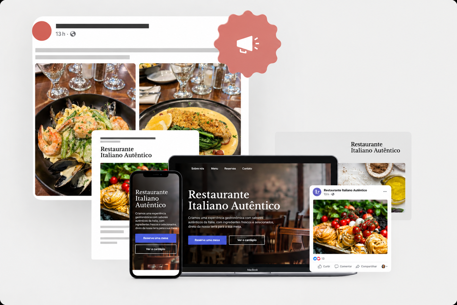 Site one page institucional exibido em celular, notebook e redes sociais