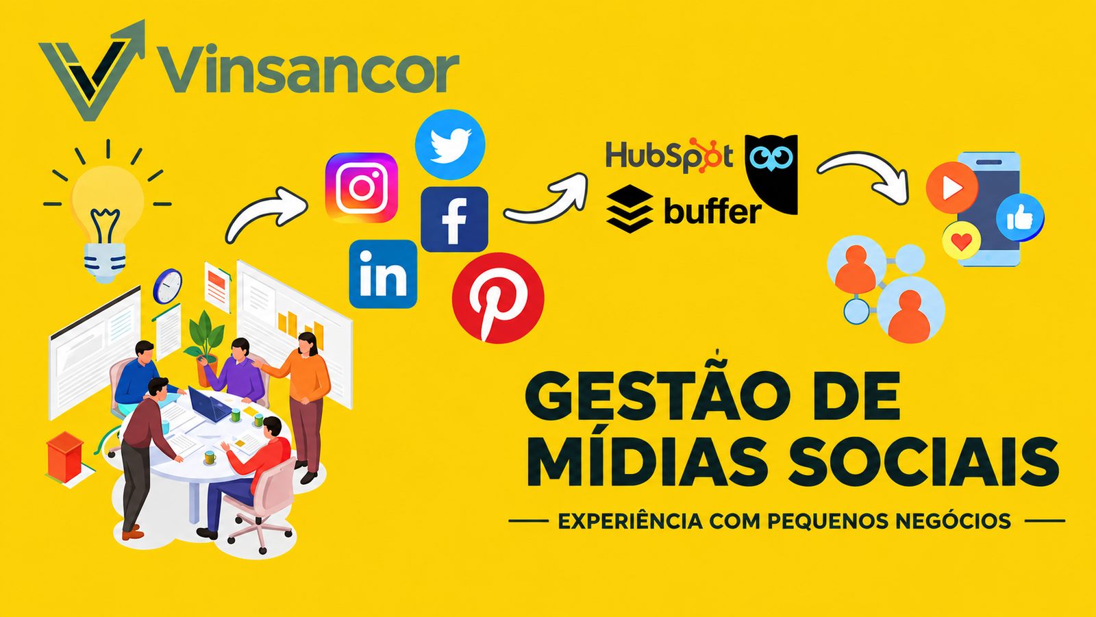 Gestão de mídias sociais: equipe da Vinsancor planejando conteúdo e estratégia para redes sociais de pequenos negócios