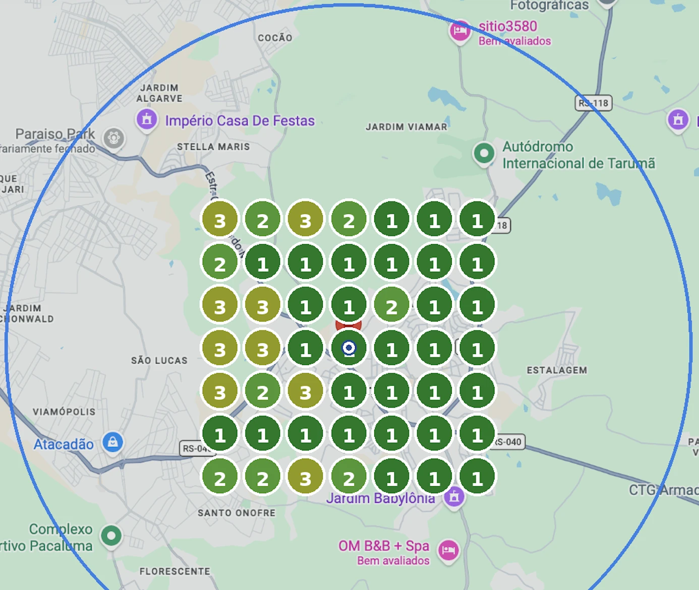 Mapa de visibilidade local da Sabor & Saúde Marmitas, com posições de busca entre 1 e 3