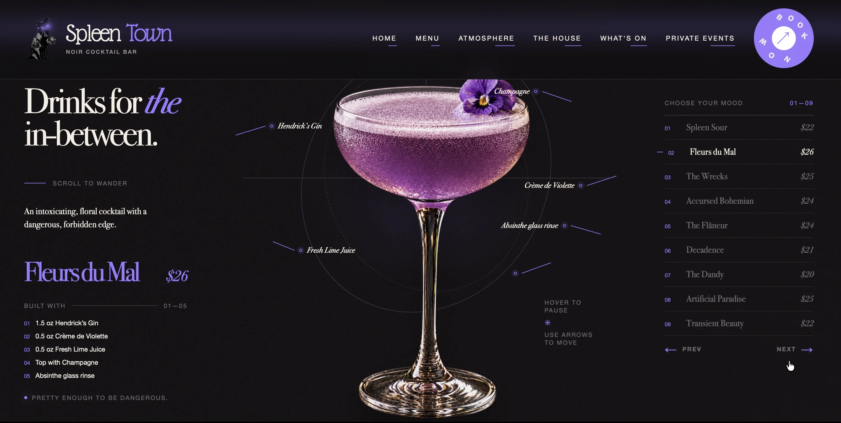 Site de bar de coquetéis com identidade visual noturna, cardápio e drink em destaque