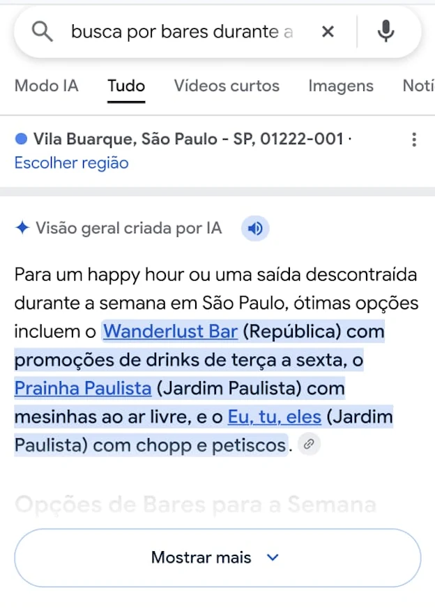 Busca por bares durante a semana em São Paulo